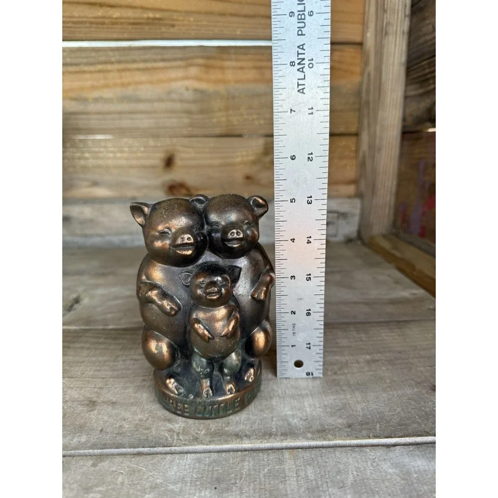 Vintage Three Little Pigs Cast Metal Piggy Bank Coin Worn Copper Tone Finish USA